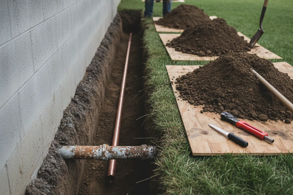 Excavated water line trench during Water Heater Repair in Roggen